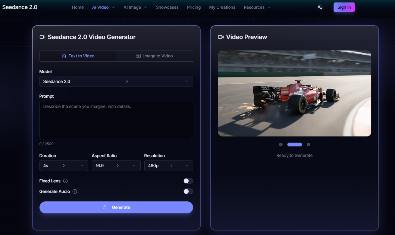 Seedance 2.0 AI video tool screenshot