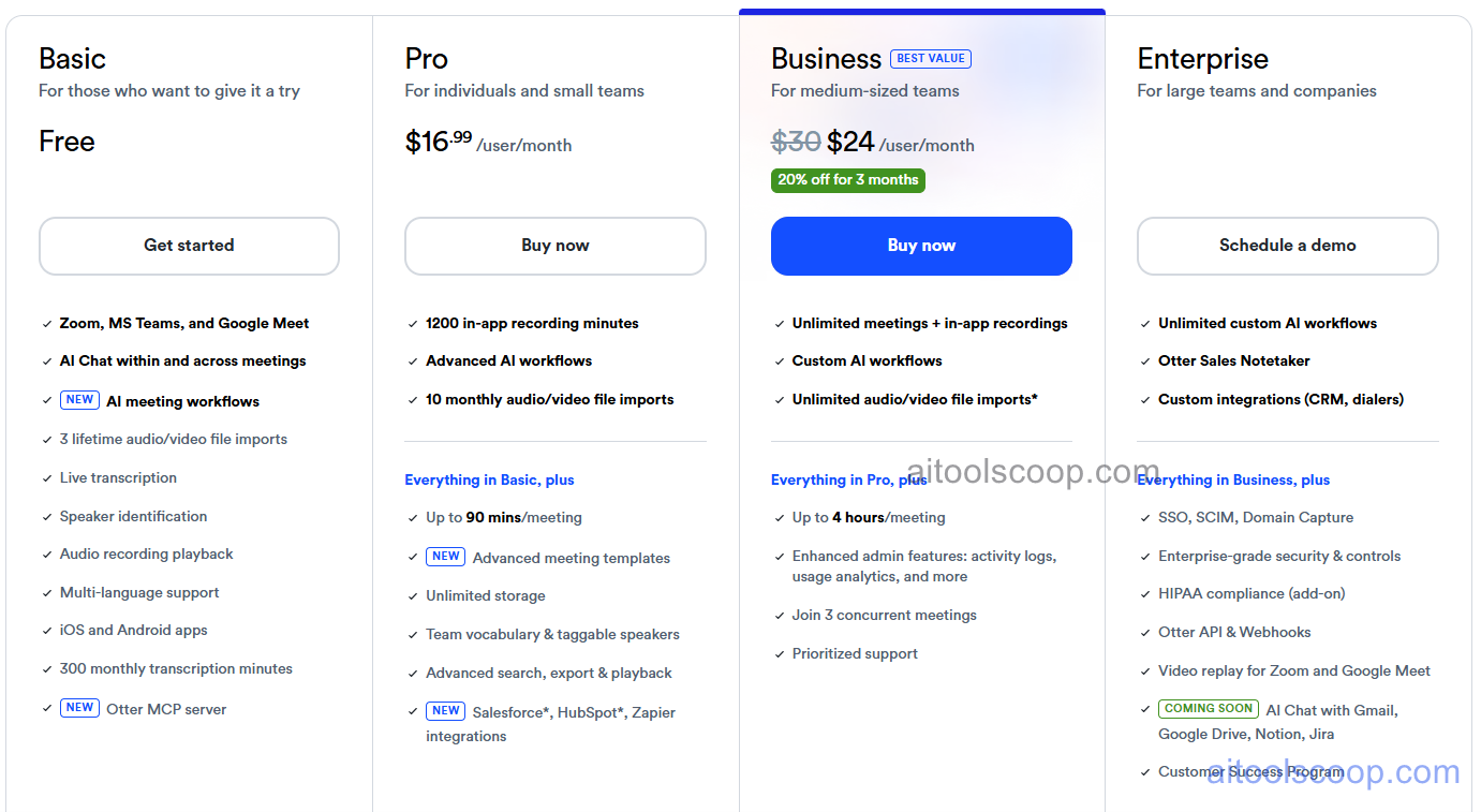 Otter.ai Pricing, Monthly Transcription Minutes, Team Collaboration Seats and OtterPilot Bot Limits