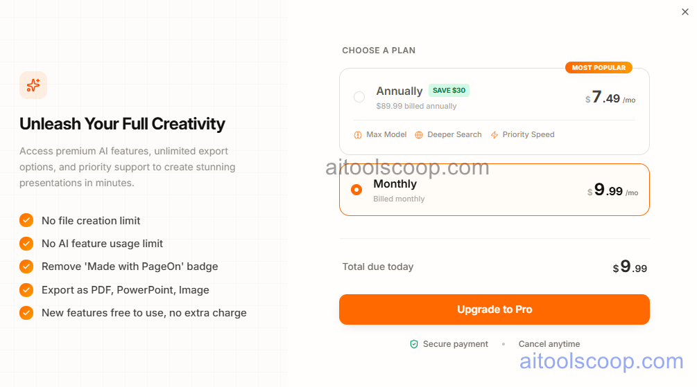 PageOn AI Pricing, Landing Page Generation Limits, Presentation Exports and Team Workspace Plans