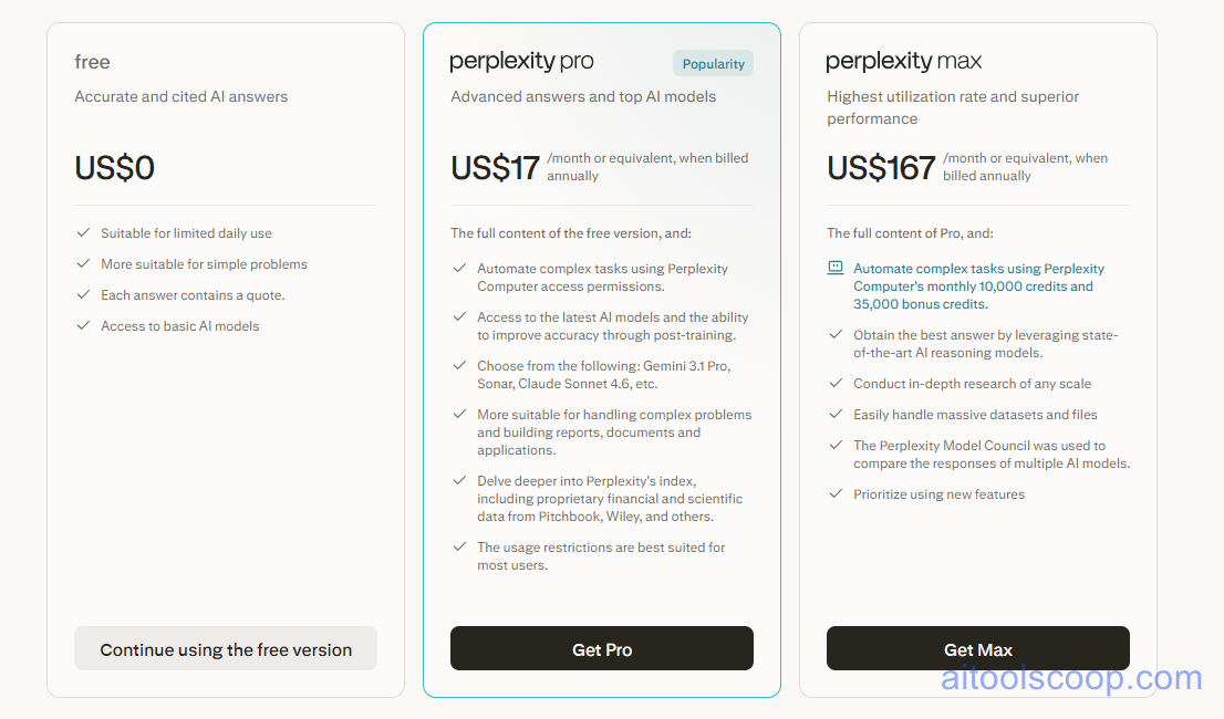 Perplexity AI pricing plans 2026 showing Free, Pro ($20/mo), and Enterprise Pro tiers
