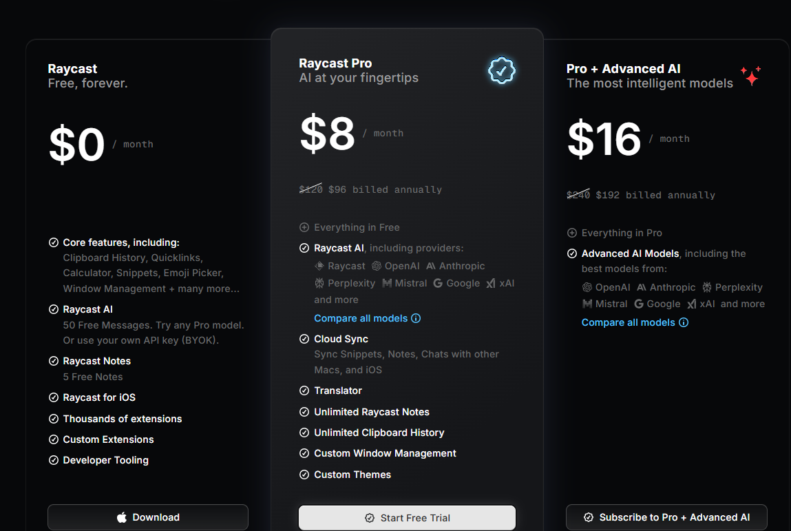 Raycast pricing plans March 2026