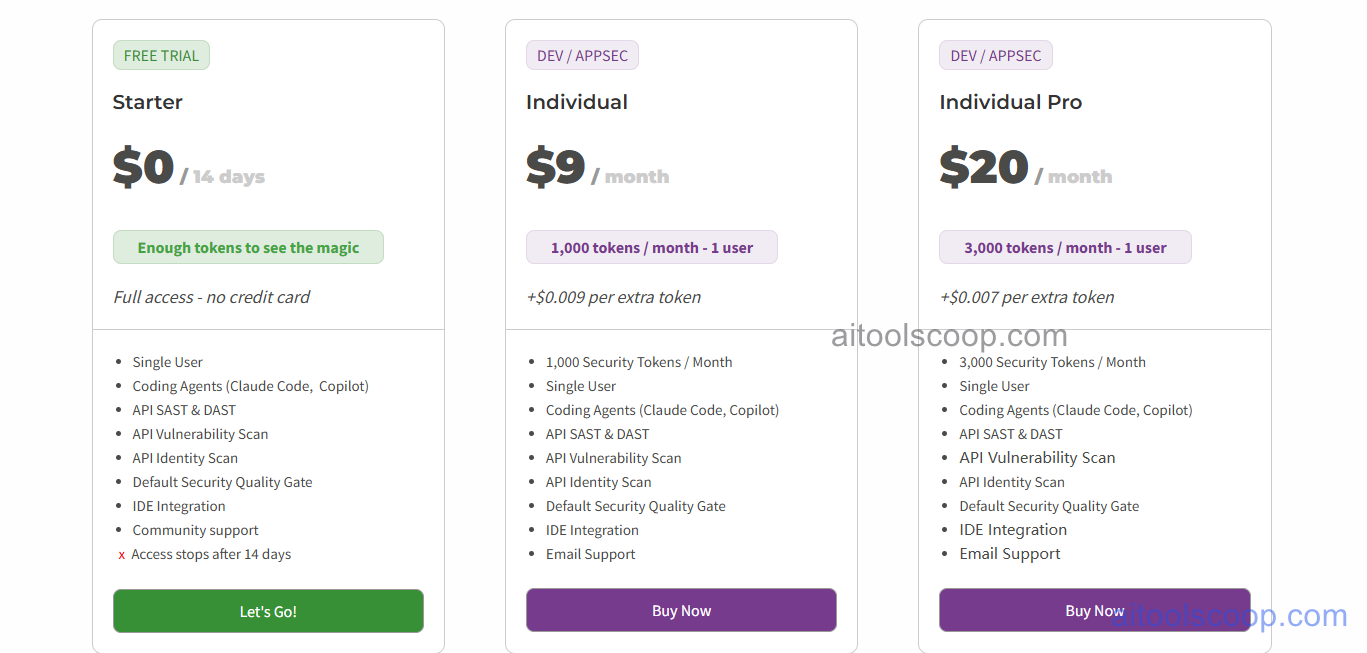 42Crunch pricing plans 2026 — Free $0, Developer $9/month, Team $20/month