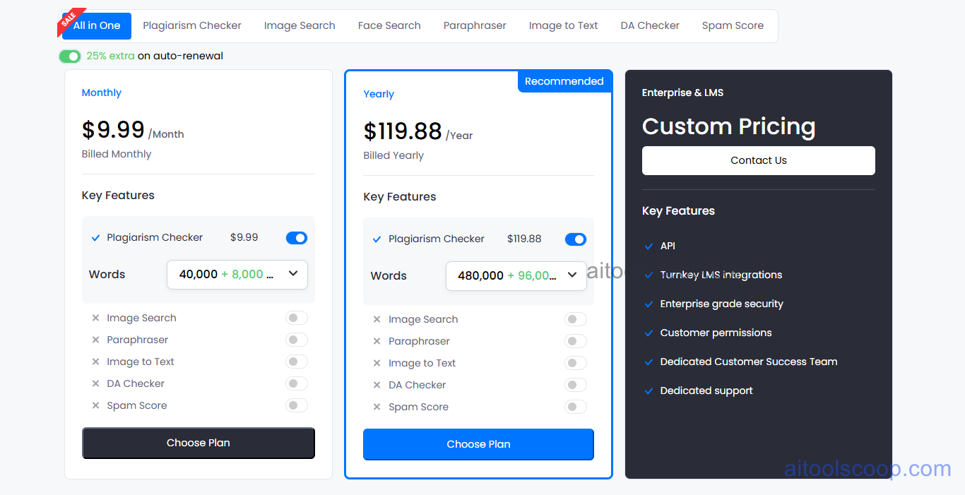 Small SEO Tools pricing 2026 — Monthly $9.99/month 40000 words, Yearly $119.88/year 480000 words, Enterprise custom