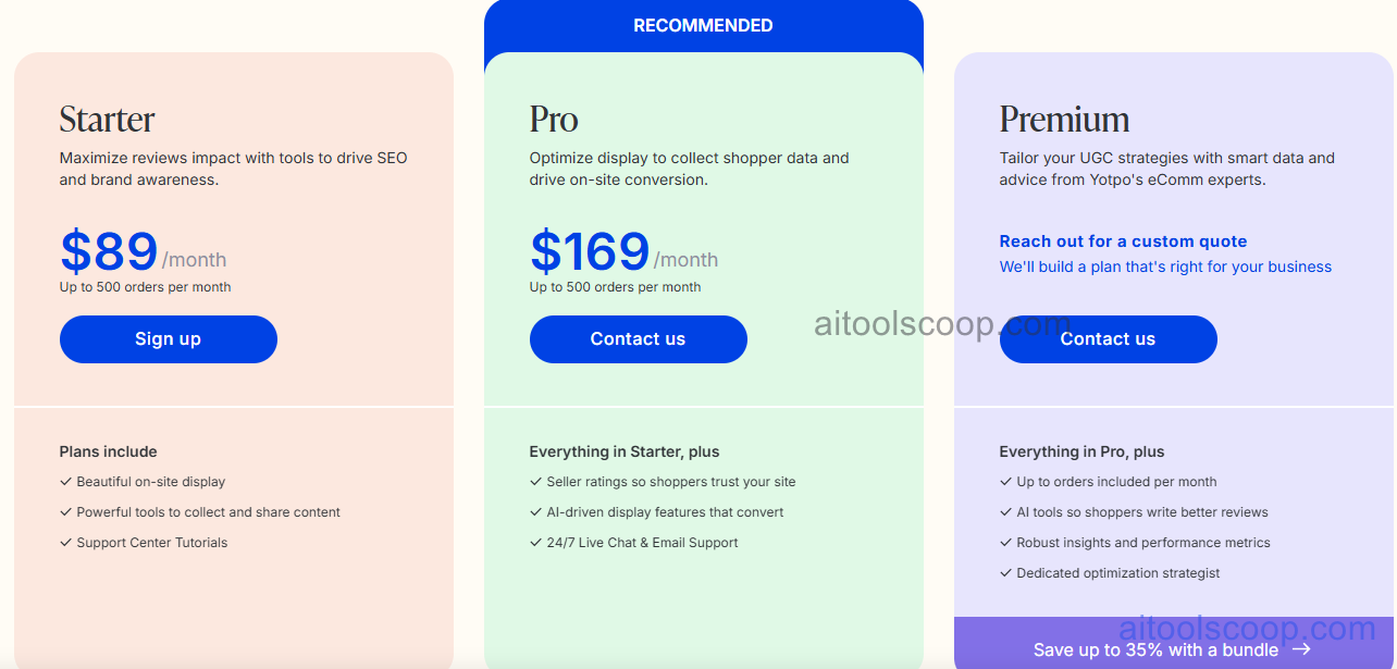 Yotpo pricing plans — Reviews and Loyalty module tiers