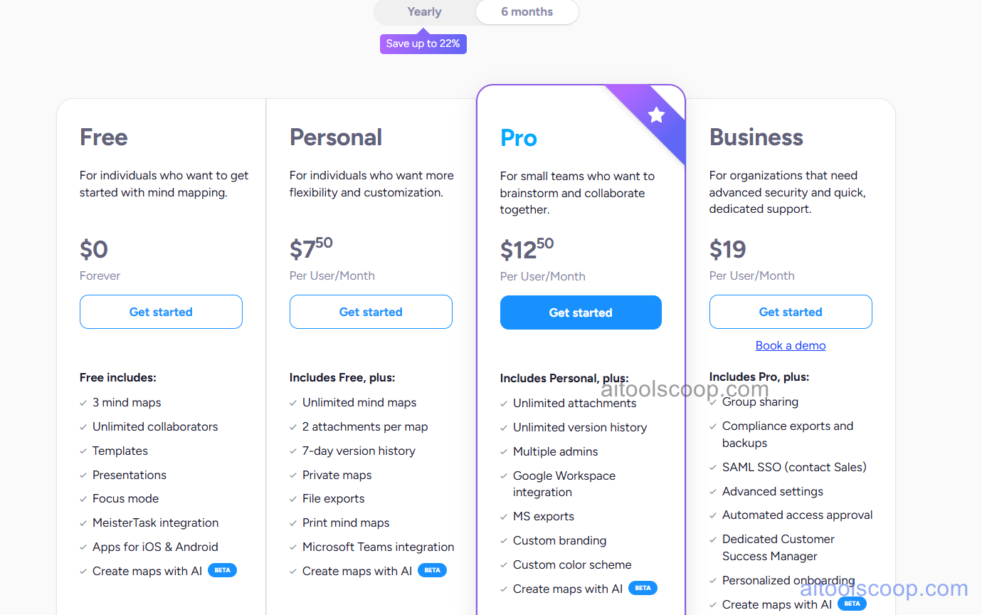 MindMeister pricing plans 2026 — Free, Personal $7.50, Pro $12.50, Business $19 per user/month