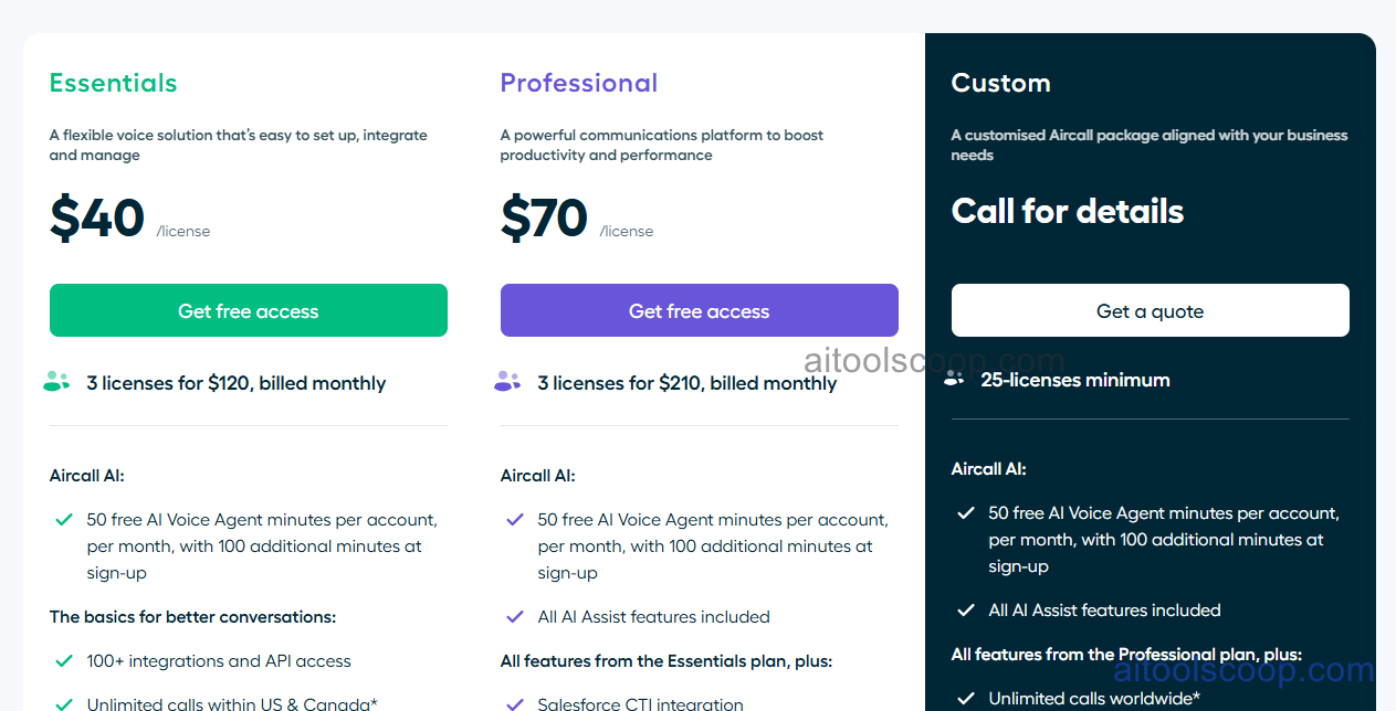 Aircall pricing: Essentials $40/license, Professional $70/license, and Custom plans with 50 free AI Voice Agent minutes per account