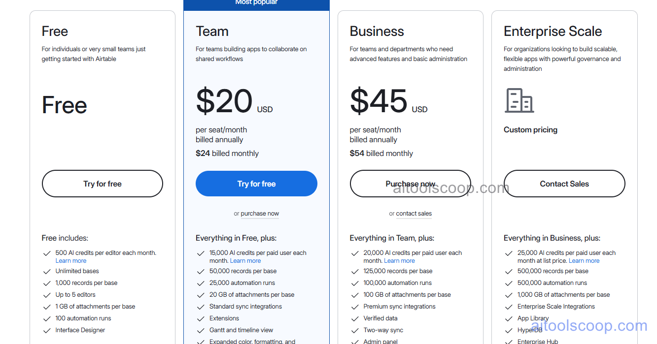 Airtable pricing plans 2026 — Free $0, Team $20/user/month, Business $45/user/month