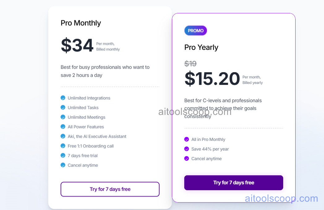 Akiflow pricing plans 2026 — monthly $34, annual $15.20/month
