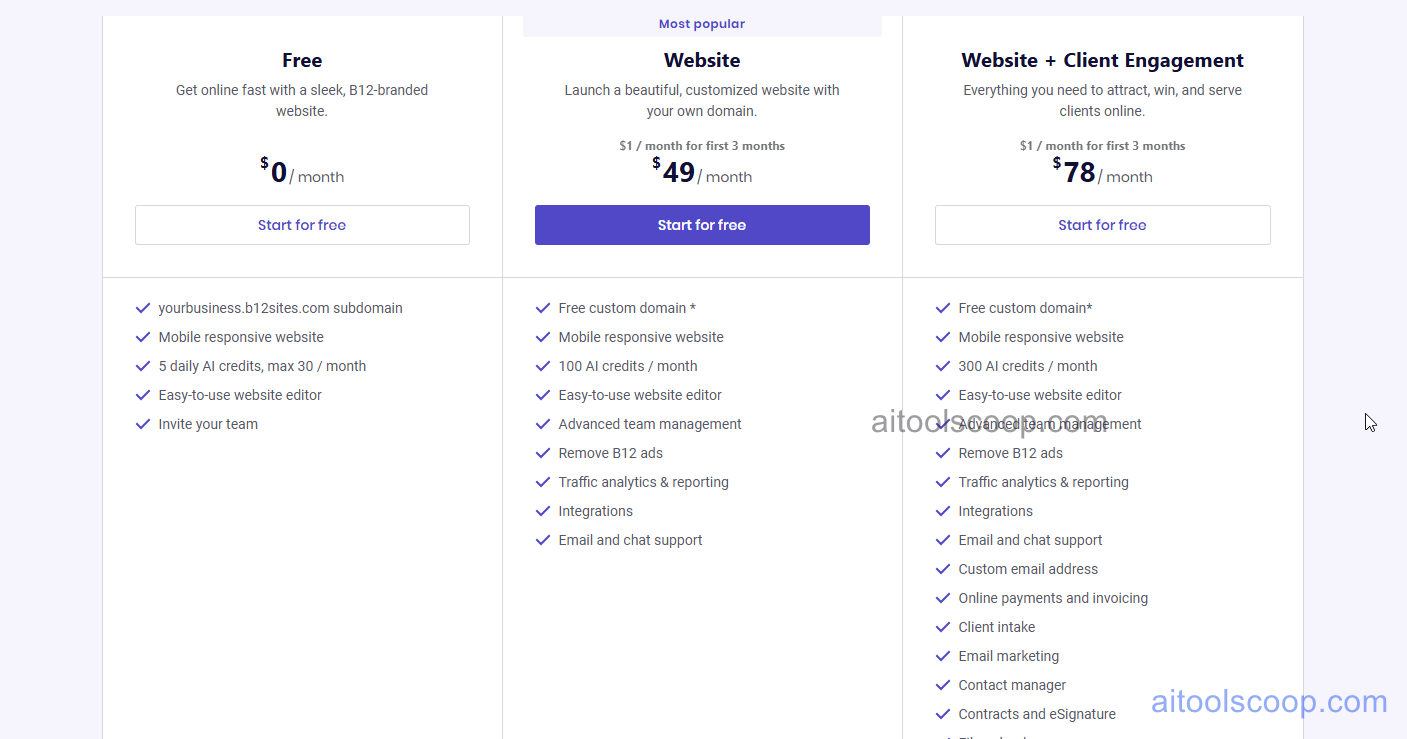 B12.io pricing plans 2026 — Free, monthly $49/$78, annual $42/$67 per month