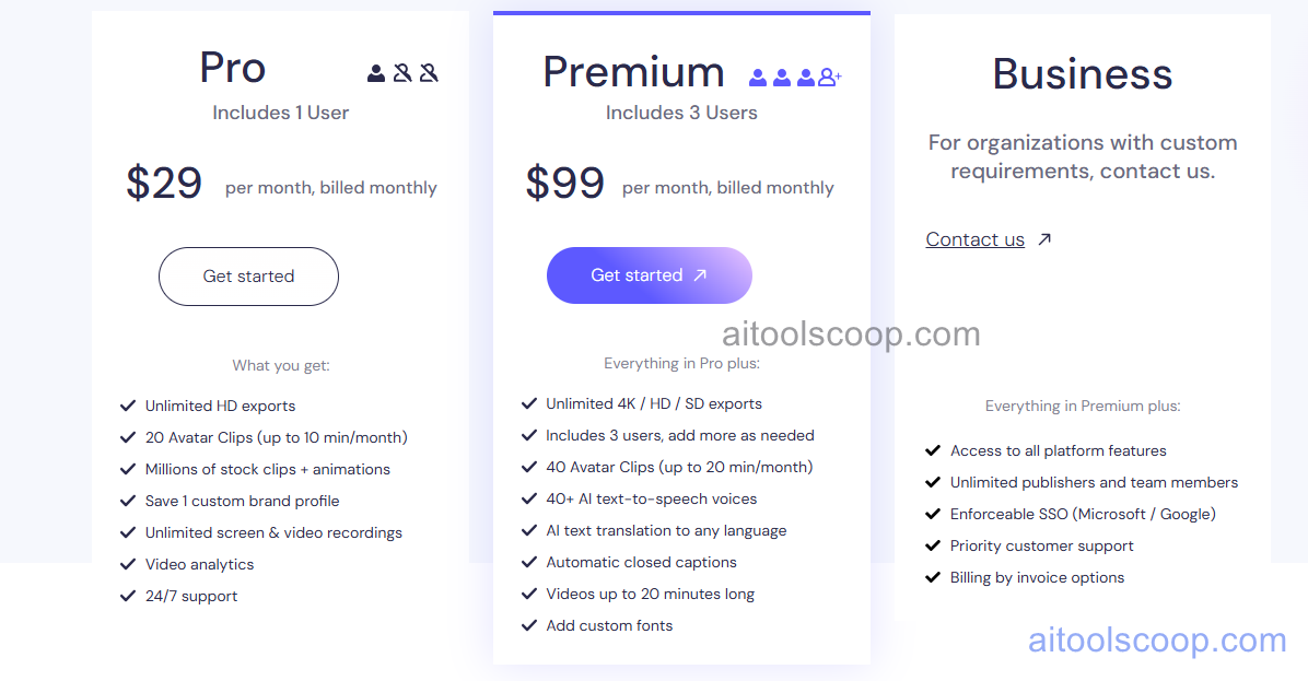 Biteable pricing plans 2026 — monthly $29/$99, annual $15/$49 per month