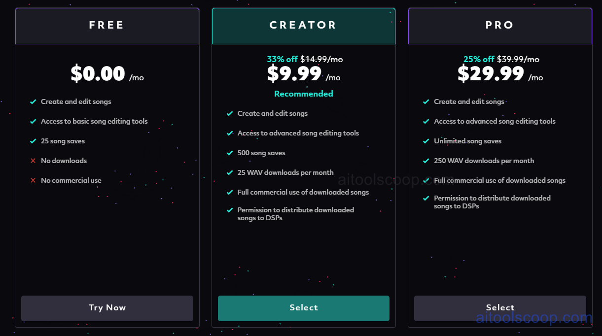 Boomy pricing plans