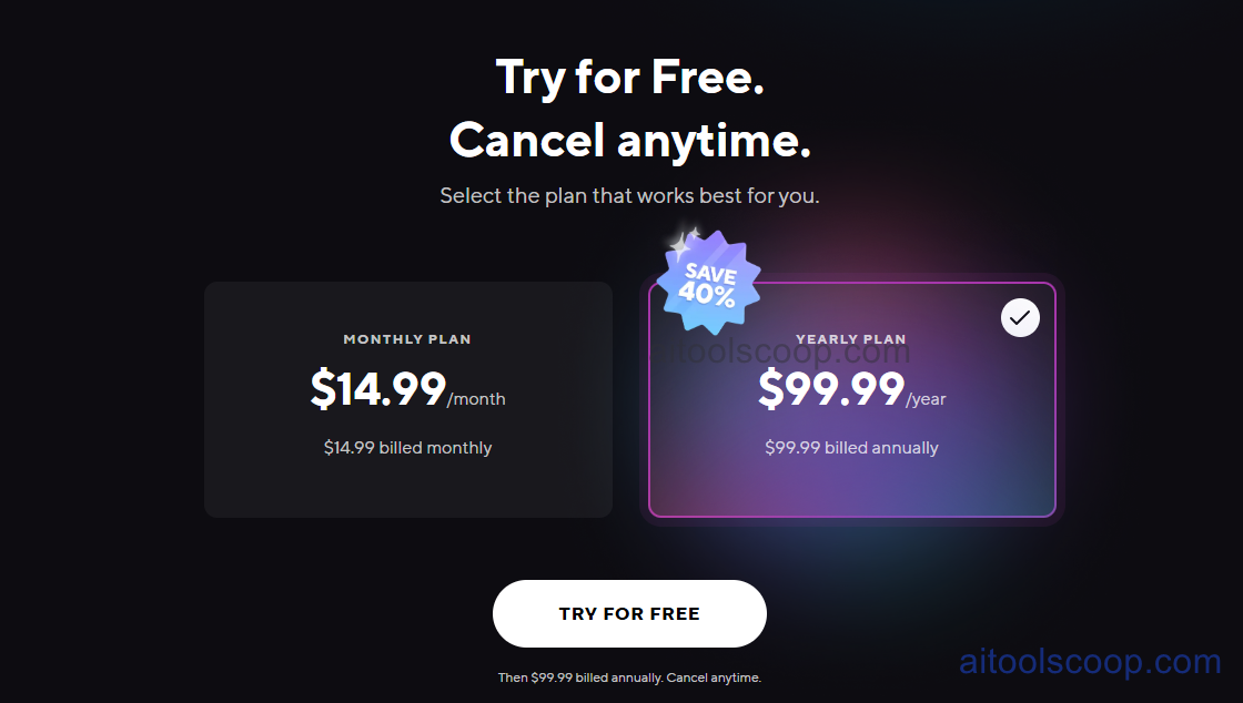 Brain.fm pricing 2026 — Monthly $14.99/month, Yearly $99.99/year with free trial