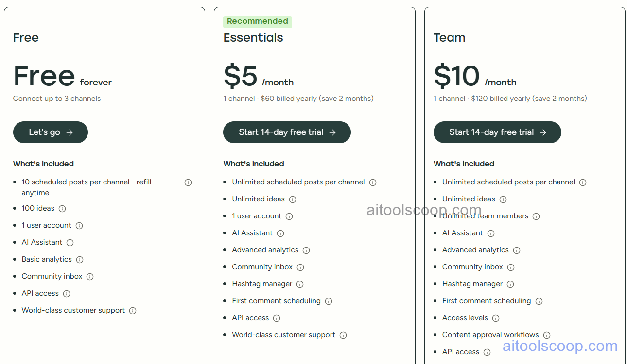 Buffer pricing plans 2026 — Free $0, Essentials $6/channel/mo, Team $12/channel/mo