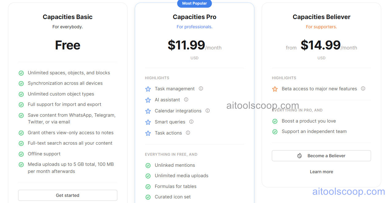 Capacities pricing plans
