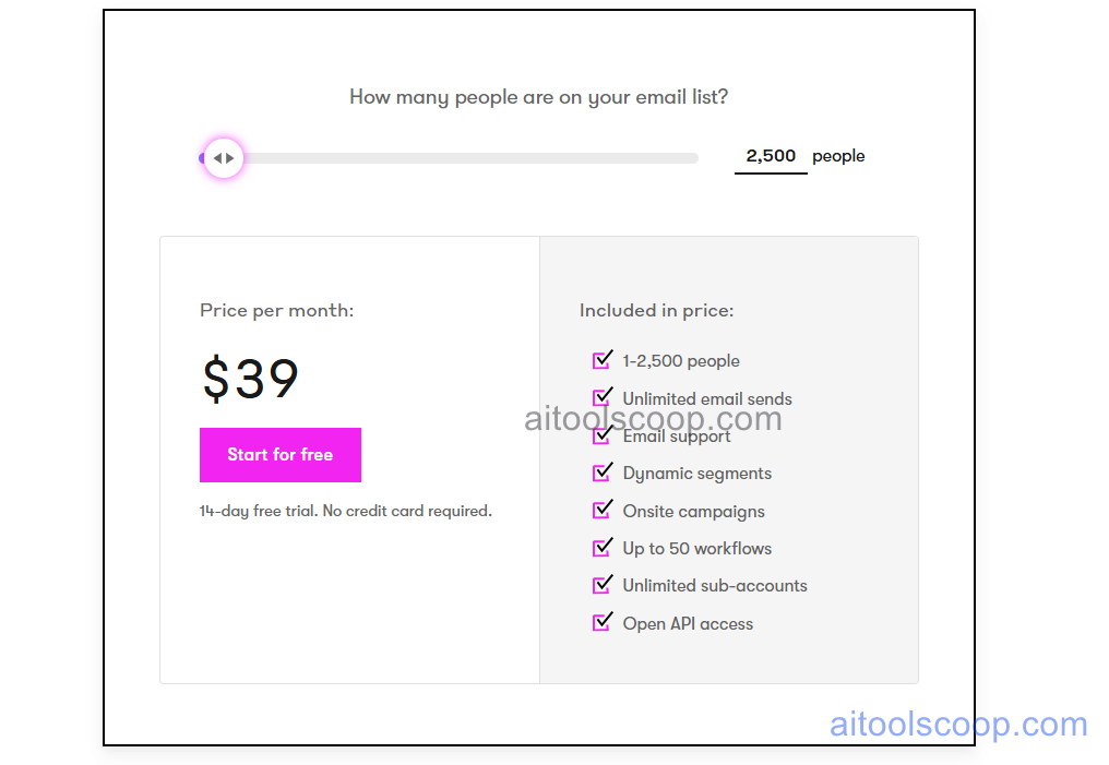 Drip pricing 2026 — $39/month for up to 2,500 contacts with unlimited email sends