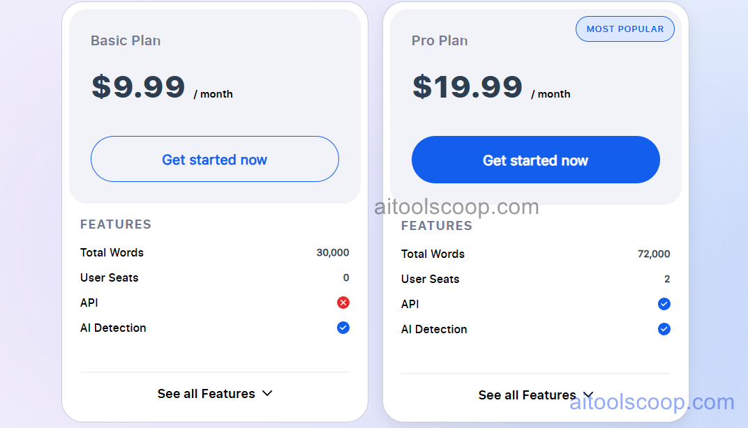 Duplichecker pricing 2026 — Basic $9.99/month 30000 words, Pro $19.99/month 72000 words with API and 2 user seats