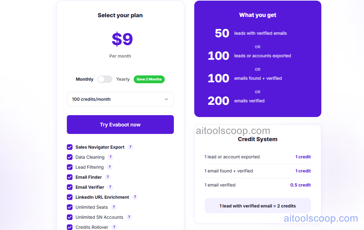 Evaboot pricing plans 2026 — monthly $9, annual $8/month