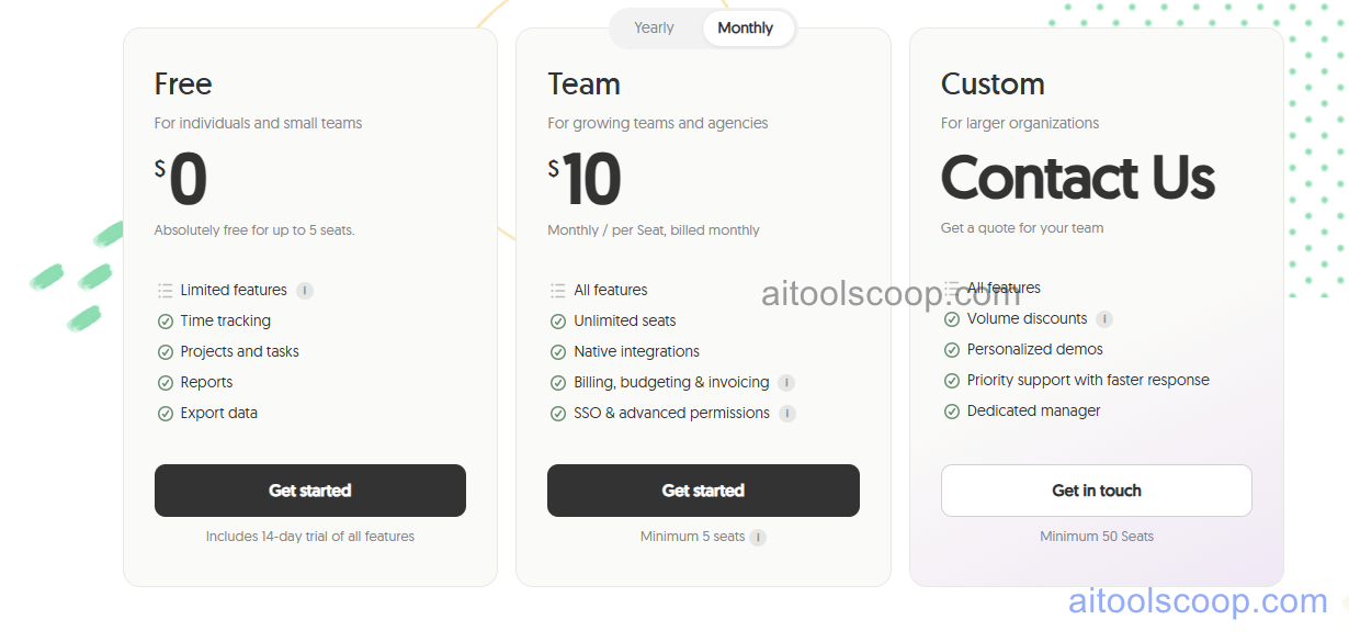 Everhour pricing plans 2026 — Free $0 up to 5 seats, Team $10/seat/month unlimited seats, Custom contact for 50 plus seats