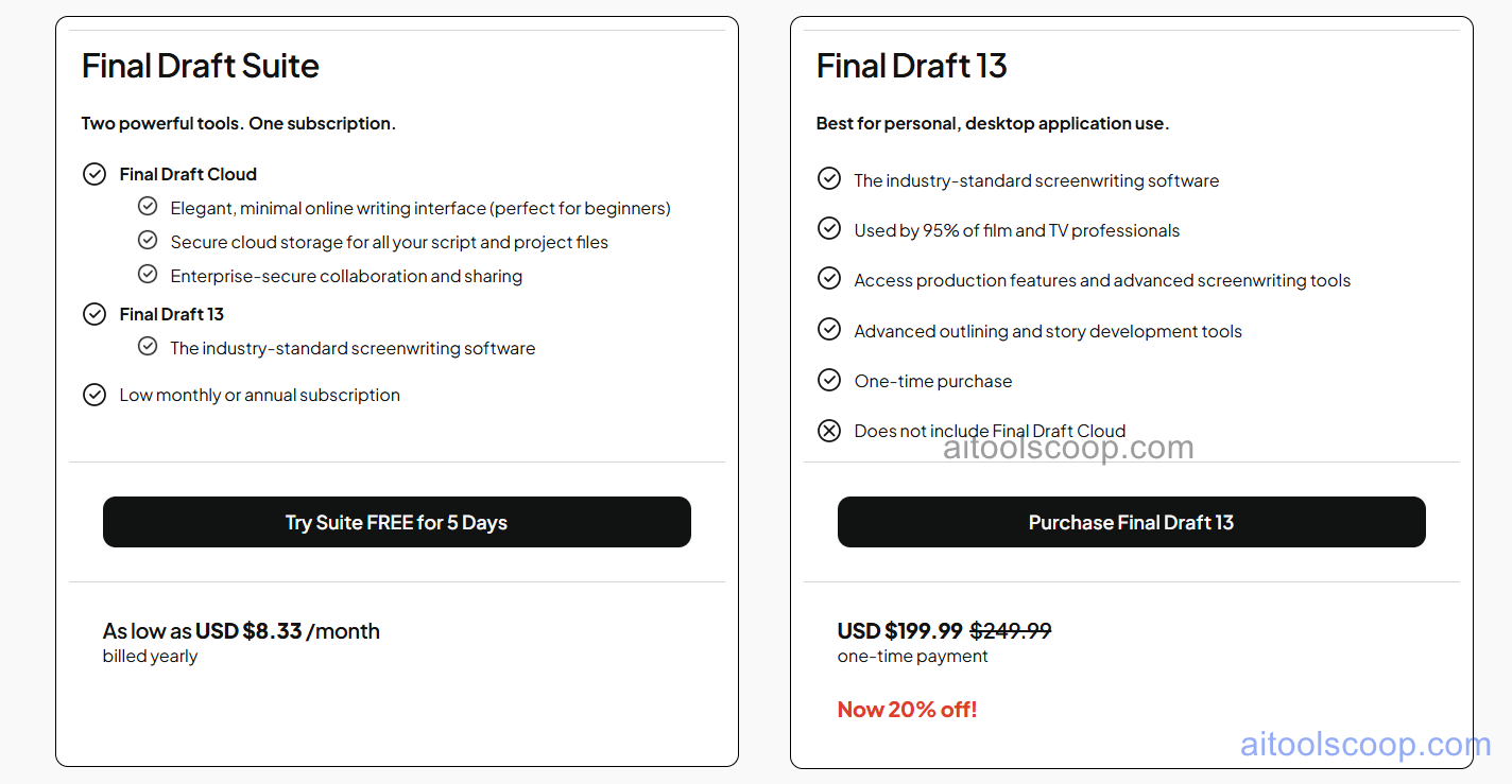 Final Draft pricing 2026 — subscription from $8.33/month billed annually