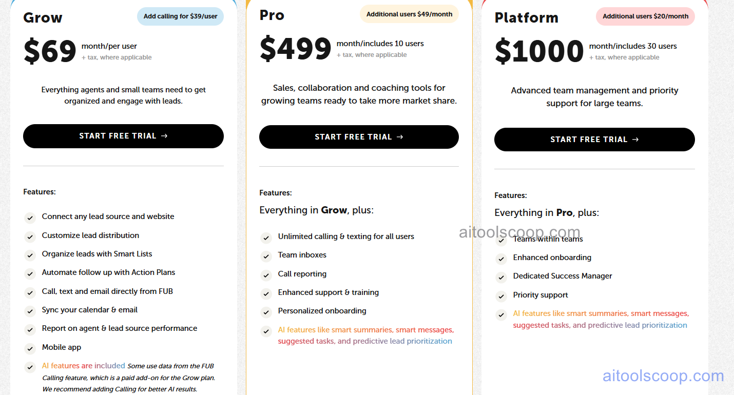 Follow Up Boss pricing plans 2026 — Grow $69/user/month, Pro $499/month for 10 users, Platform $1000/month for 30 users
