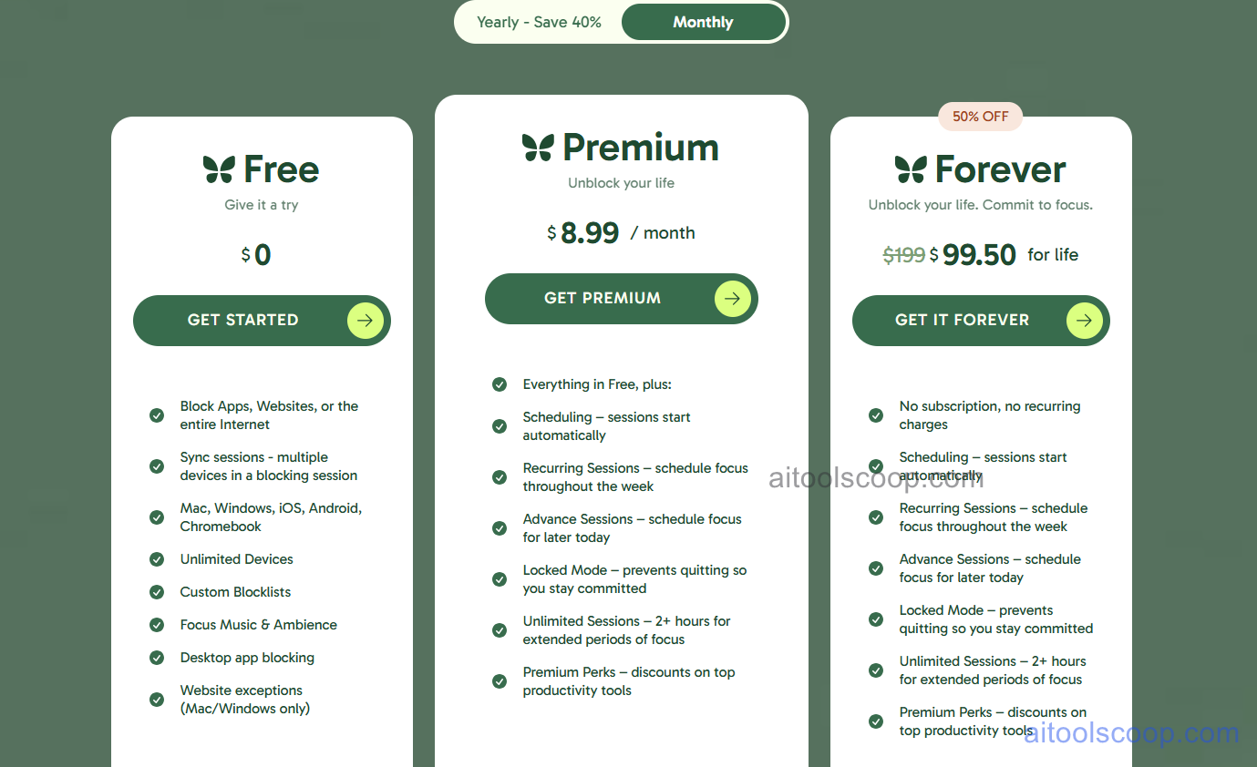 Freedom pricing plans 2026 — Free $0, Premium $8.99/month, Forever $99.50 lifetime