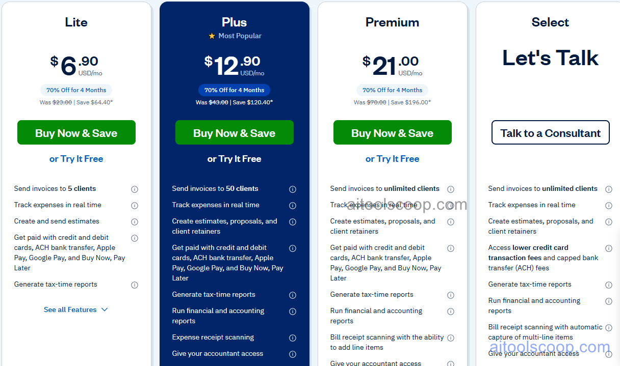 FreshBooks pricing plans — Lite, Plus, Premium, Select