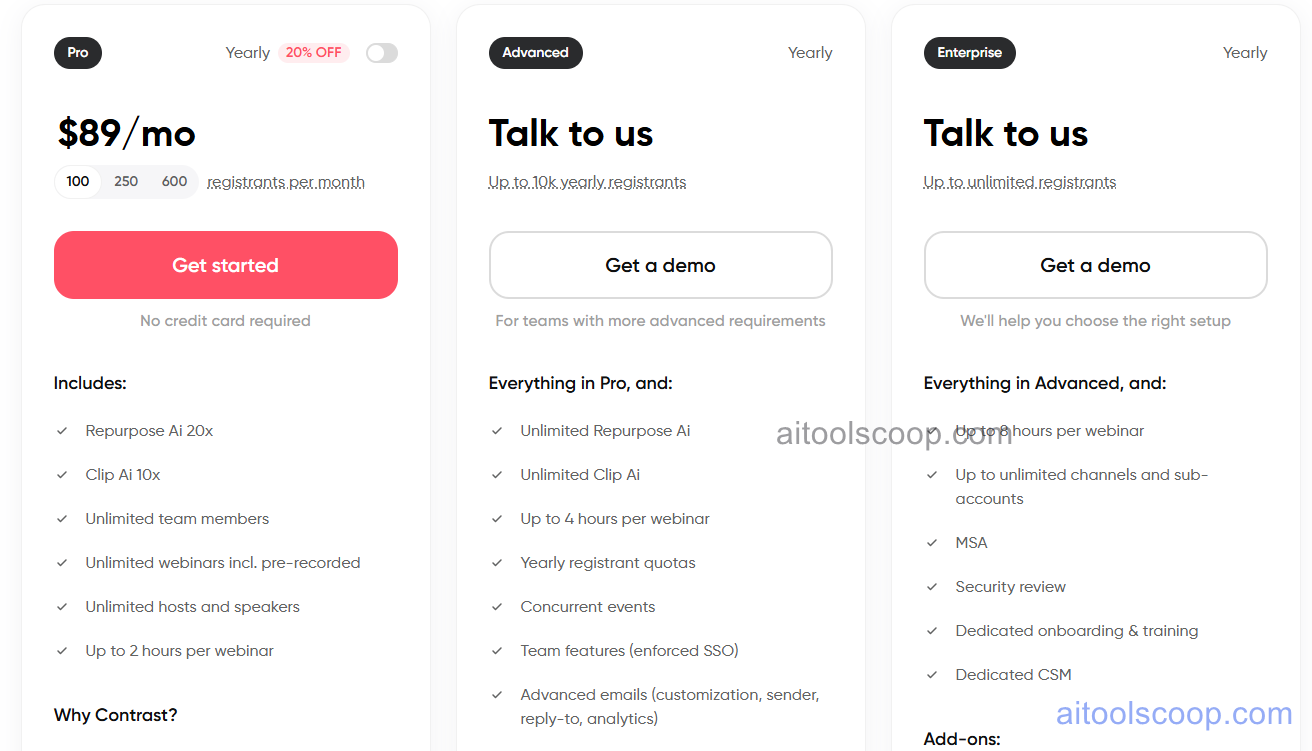 GetContrast pricing plans 2026 — Pro $89/month (from $69/month billed annually), Advanced and Enterprise custom pricing