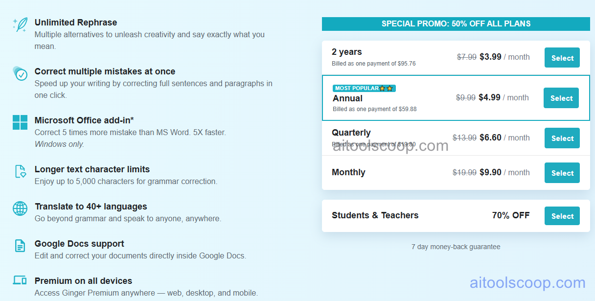 Ginger Software pricing plans