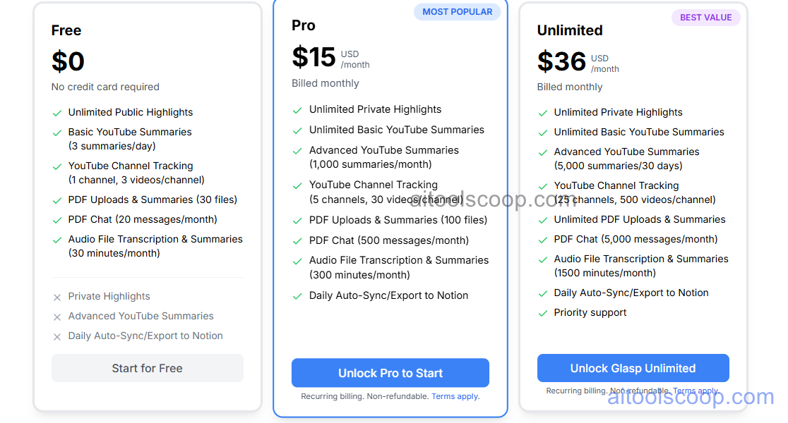 Glasp pricing 2026 — Free $0, Pro $15/month, Unlimited $36/month (billed monthly)