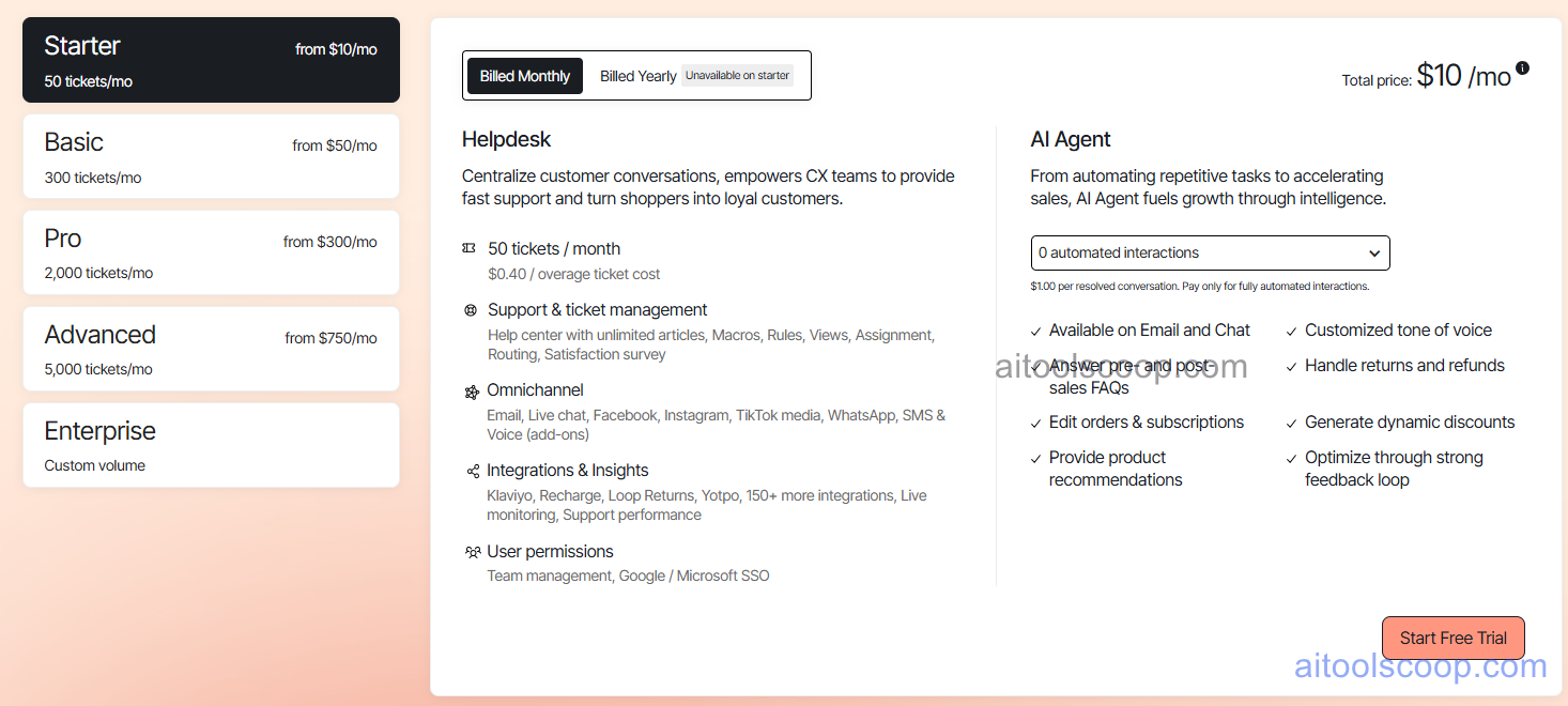 Gorgias pricing plans — Starter, Basic, Pro, Advanced, Enterprise