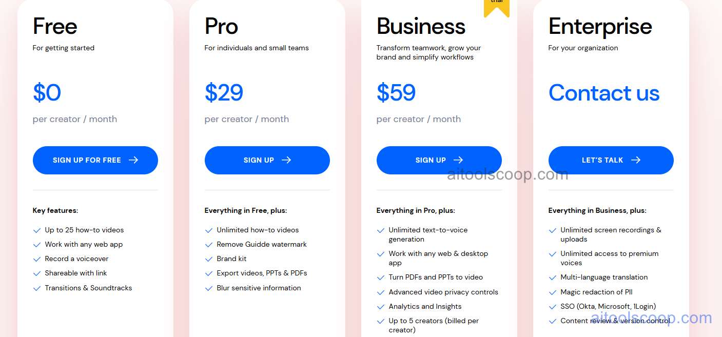 Guidde pricing plans 2026 — Free $0, Pro $29/month, Business $59/month, Enterprise contact