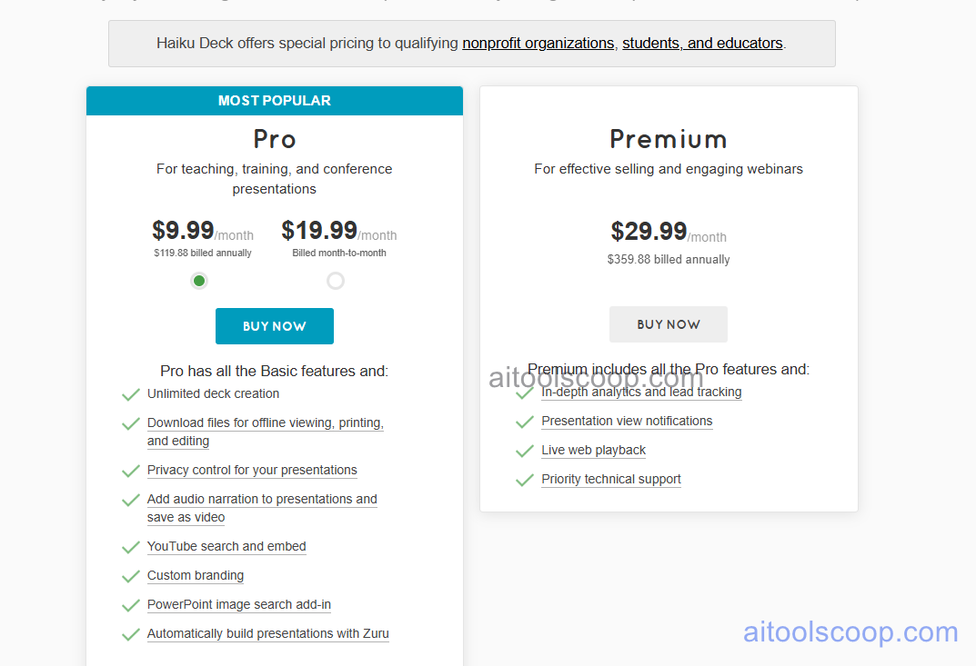 Haiku Deck pricing plans 2026 — Pro $19.99/mo or $9.99/mo annually, Premium $29.99/mo