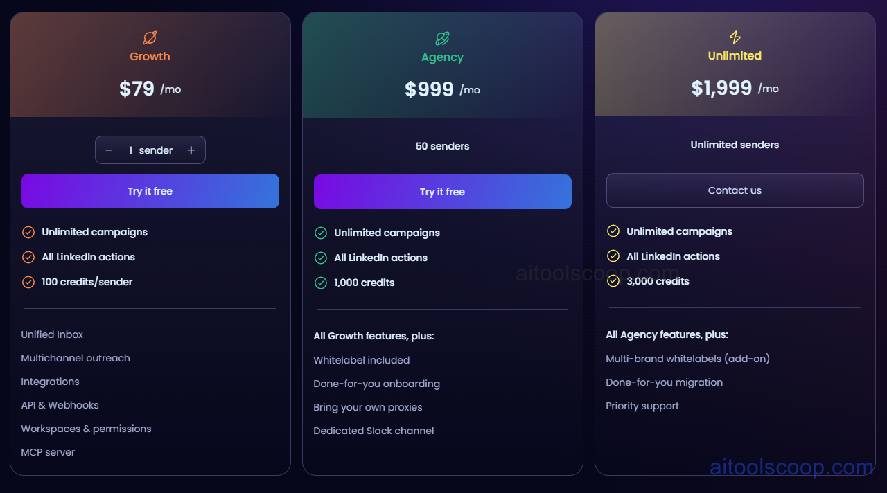 HeyReach pricing plans 2026 — Starter $79/mo, Agency $999/mo, Enterprise $1999/mo; annual billing available