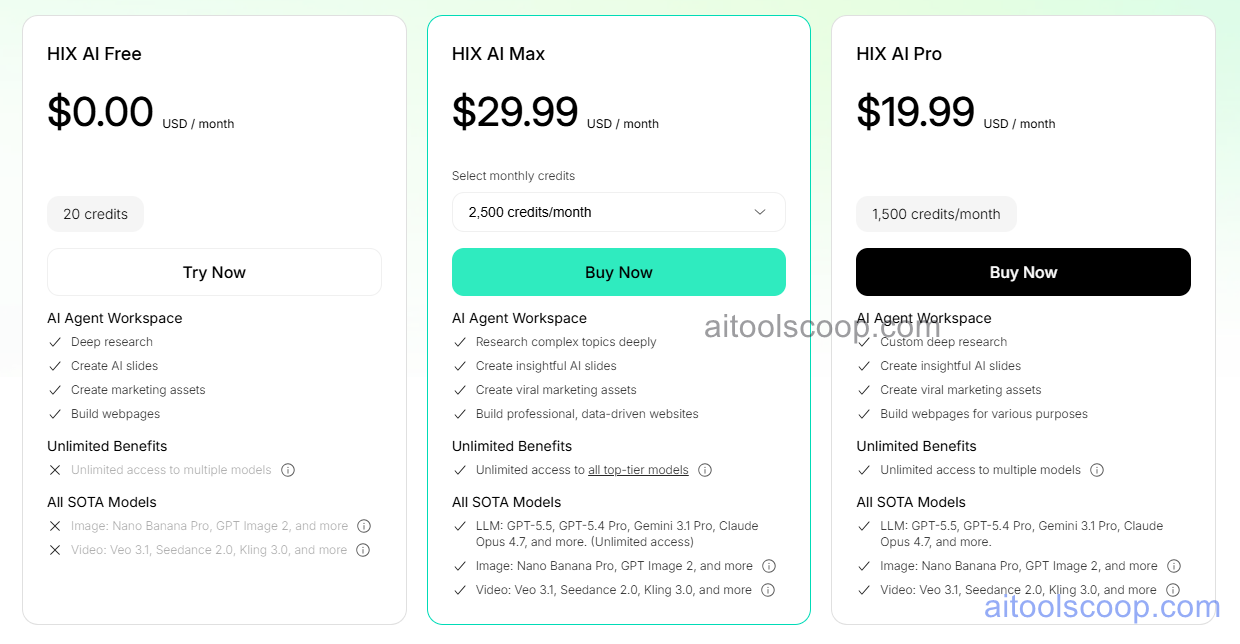 HIX.AI pricing plans — Free, Pro, and Unlimited