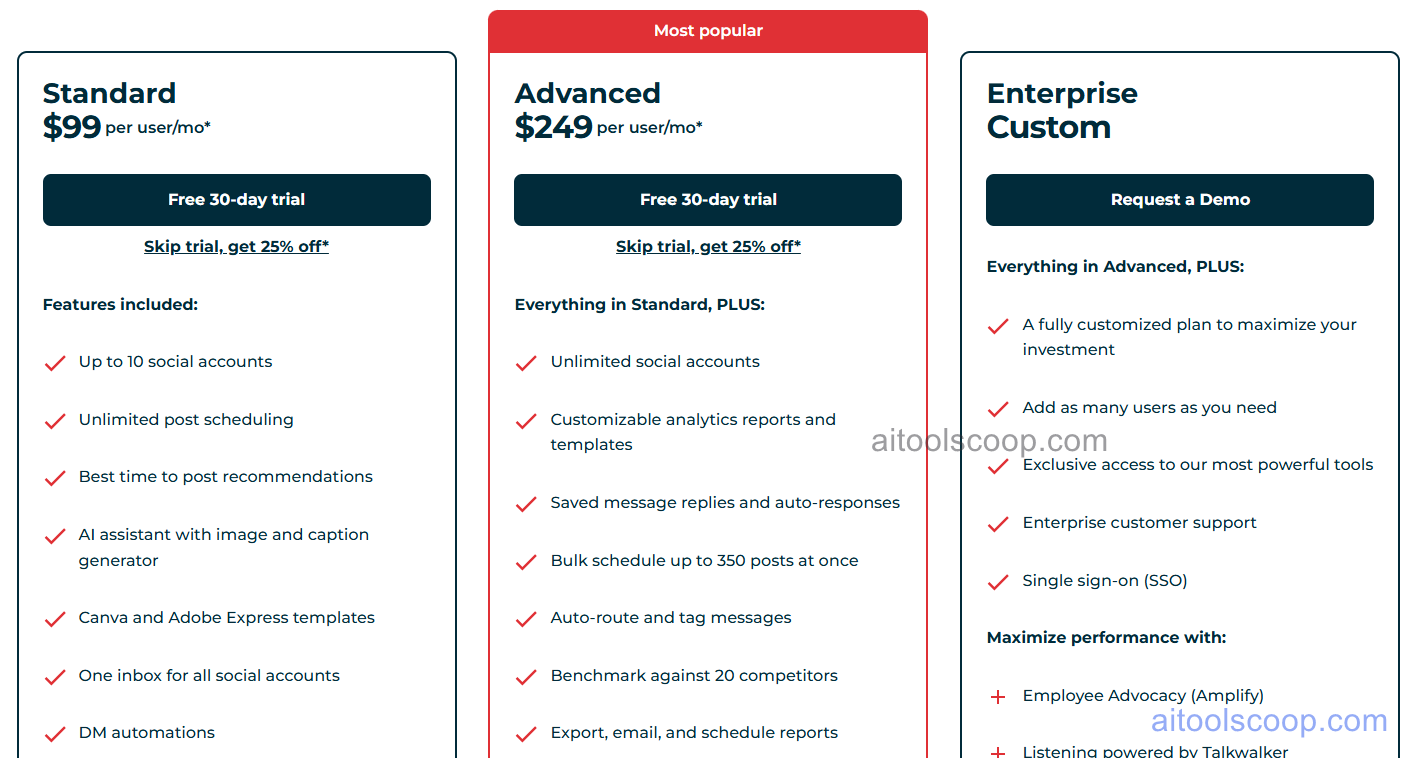Hootsuite pricing plans 2026 — Professional $99/mo, Team $249/mo, Enterprise custom
