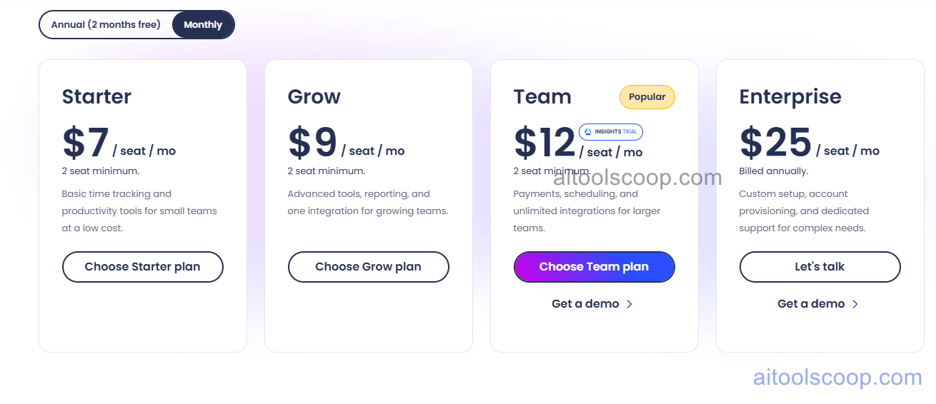 Hubstaff pricing plans 2026 — Starter $7/seat/month, Grow $9/seat/month, Team $12/seat/month, Enterprise $25/seat/month — 2 seat minimum