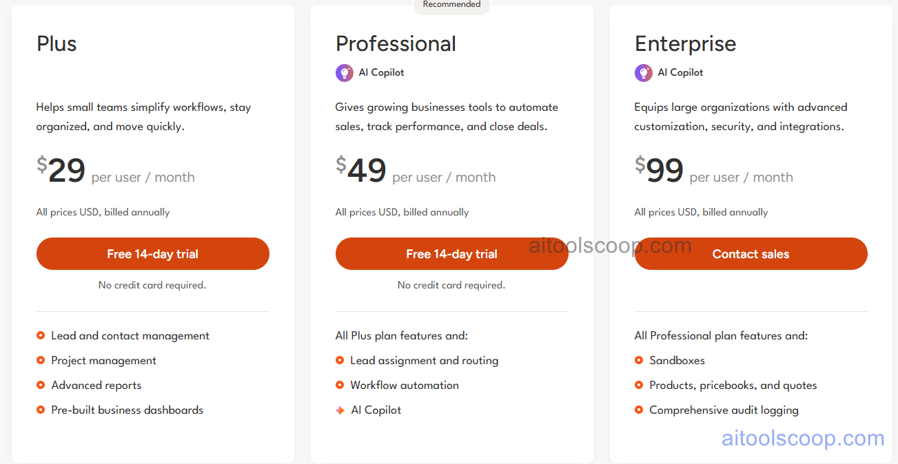 Insightly CRM pricing plans 2026 — Plus $29/mo, Professional $49/mo, Enterprise $99/mo per user