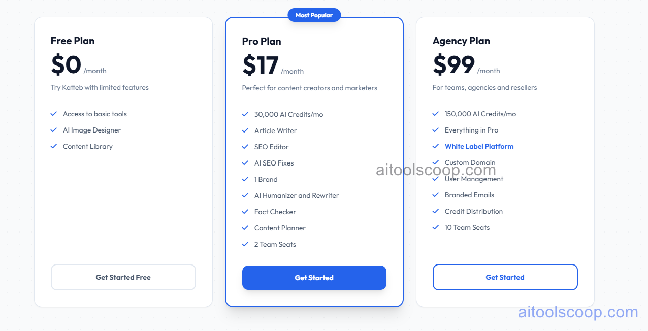 Katteb pricing plans 2026 — Free $0, Pro $17/month, Agency $99/month
