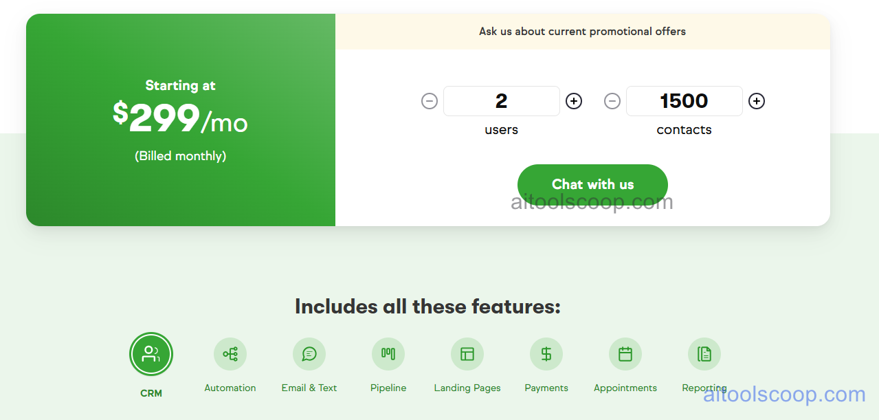 Keap pricing 2026 — starting at $299/month for 2 users and 1,500 contacts, billed monthly