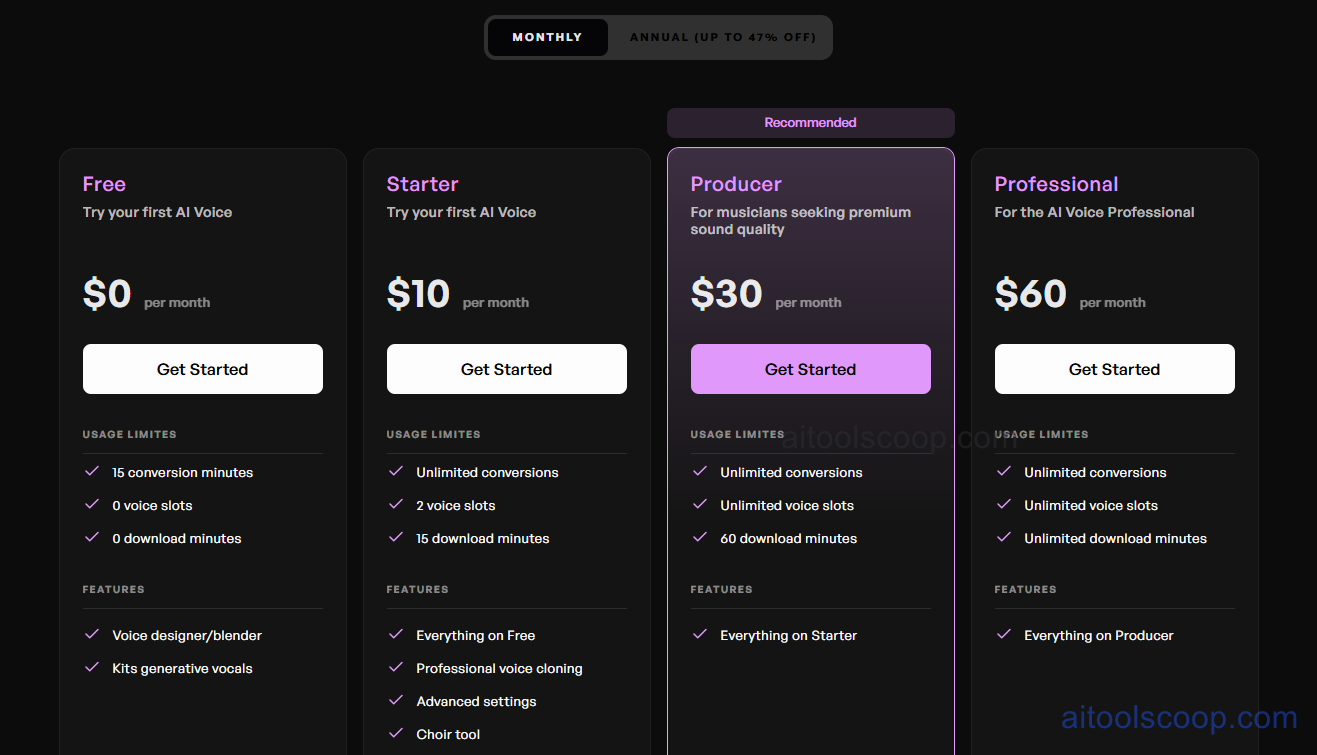 Kits.AI pricing plans 2026 — Free $0, Starter $10/month, Producer $30/month, Professional $60/month