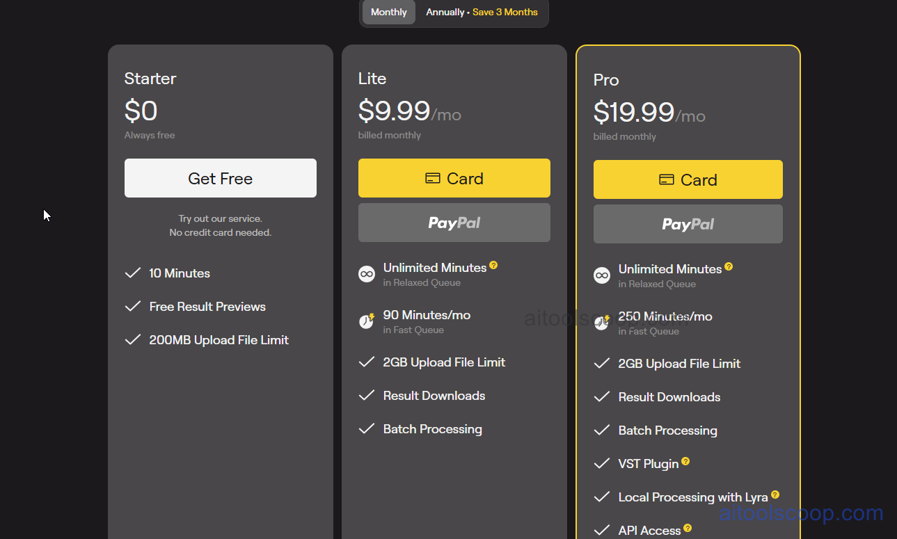 LALAL.AI pricing plans 2026 — Starter free, Lite $9.99/month, Pro $19.99/month