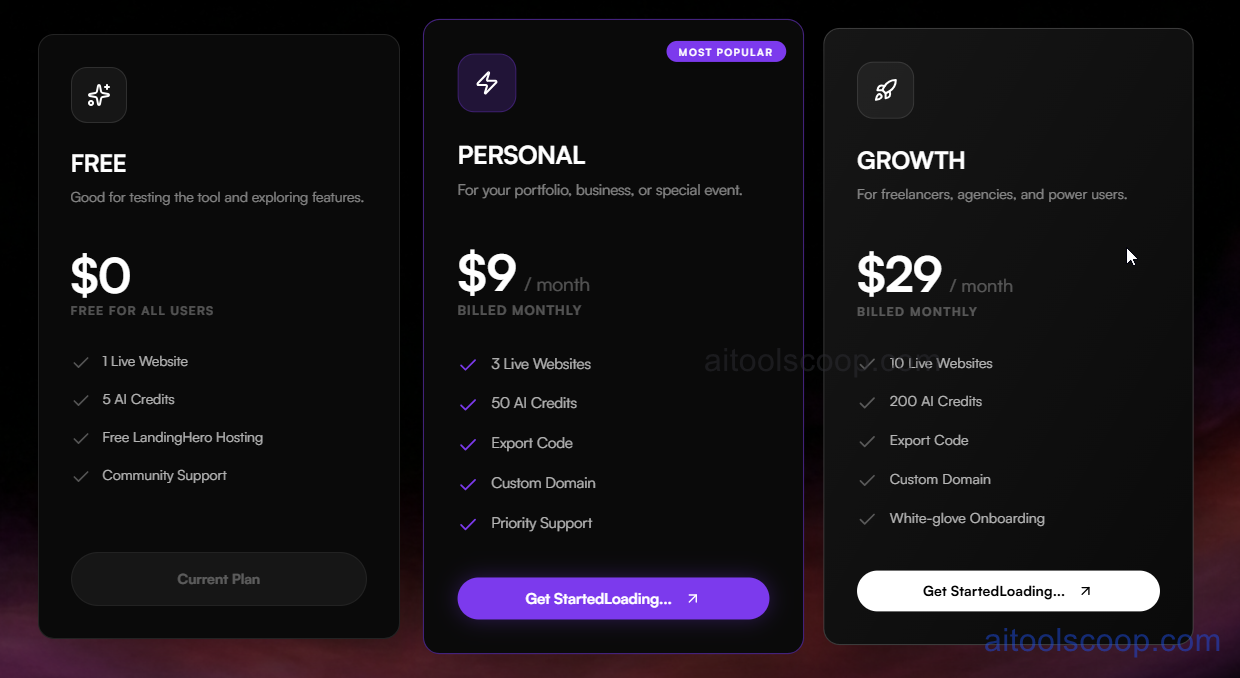 LandingHero pricing plans