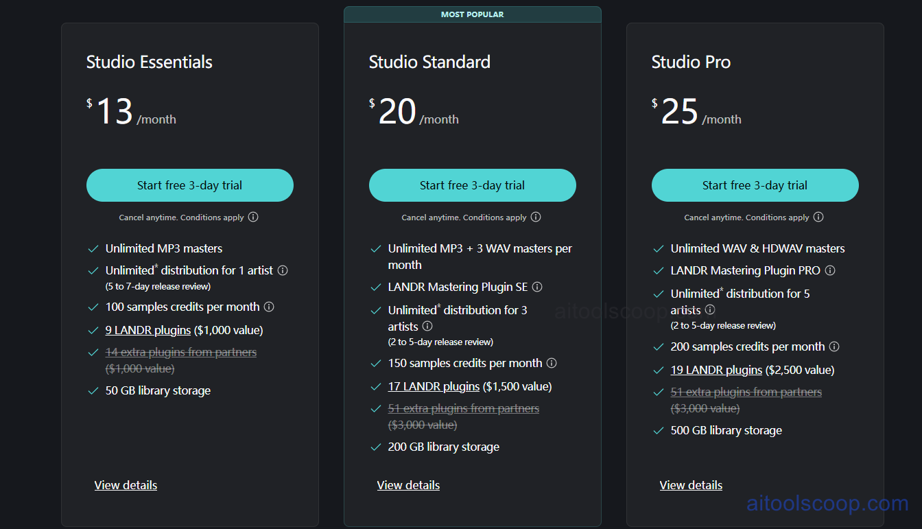 LANDR pricing plans 2026 — Studio Essentials $13/month, Studio Standard $20/month, Studio Pro $25/month