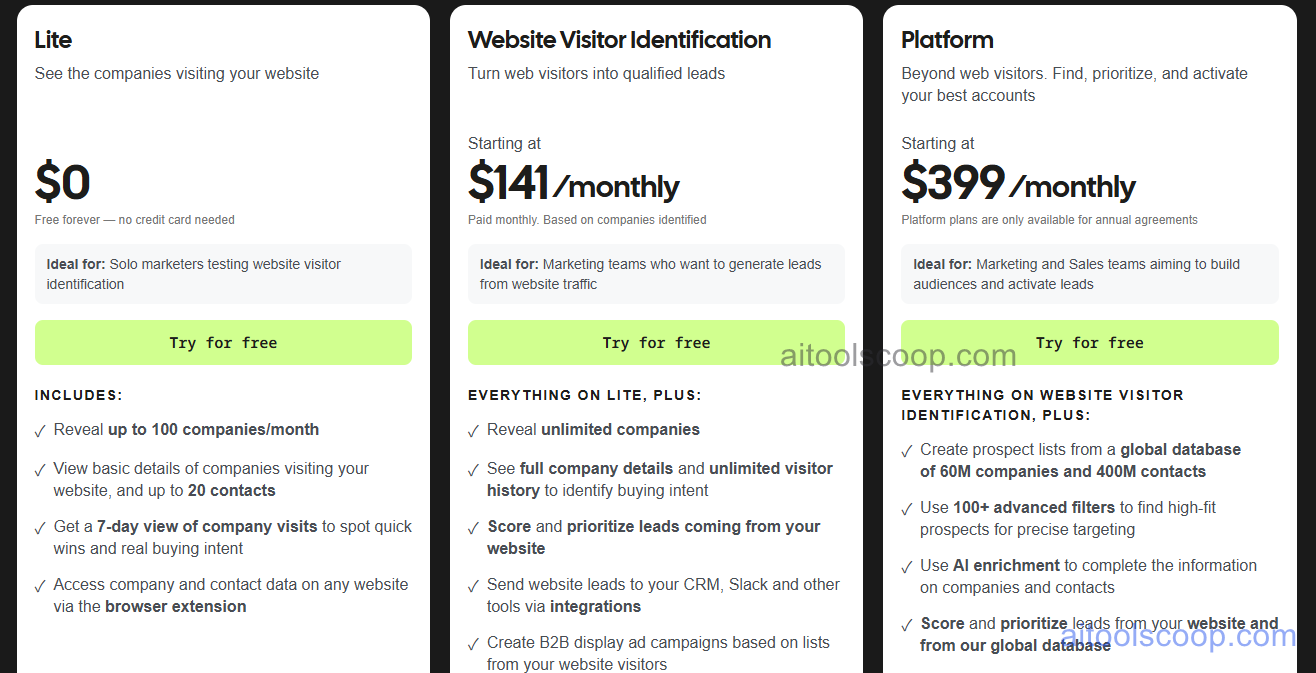 Leadfeeder pricing plans 2026 — Free, Growth $99/mo (annual) or $141/mo (monthly), Enterprise $399/mo