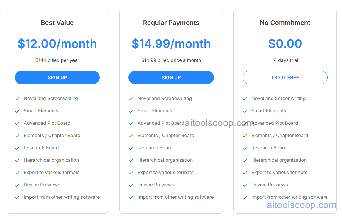 LivingWriter pricing plans