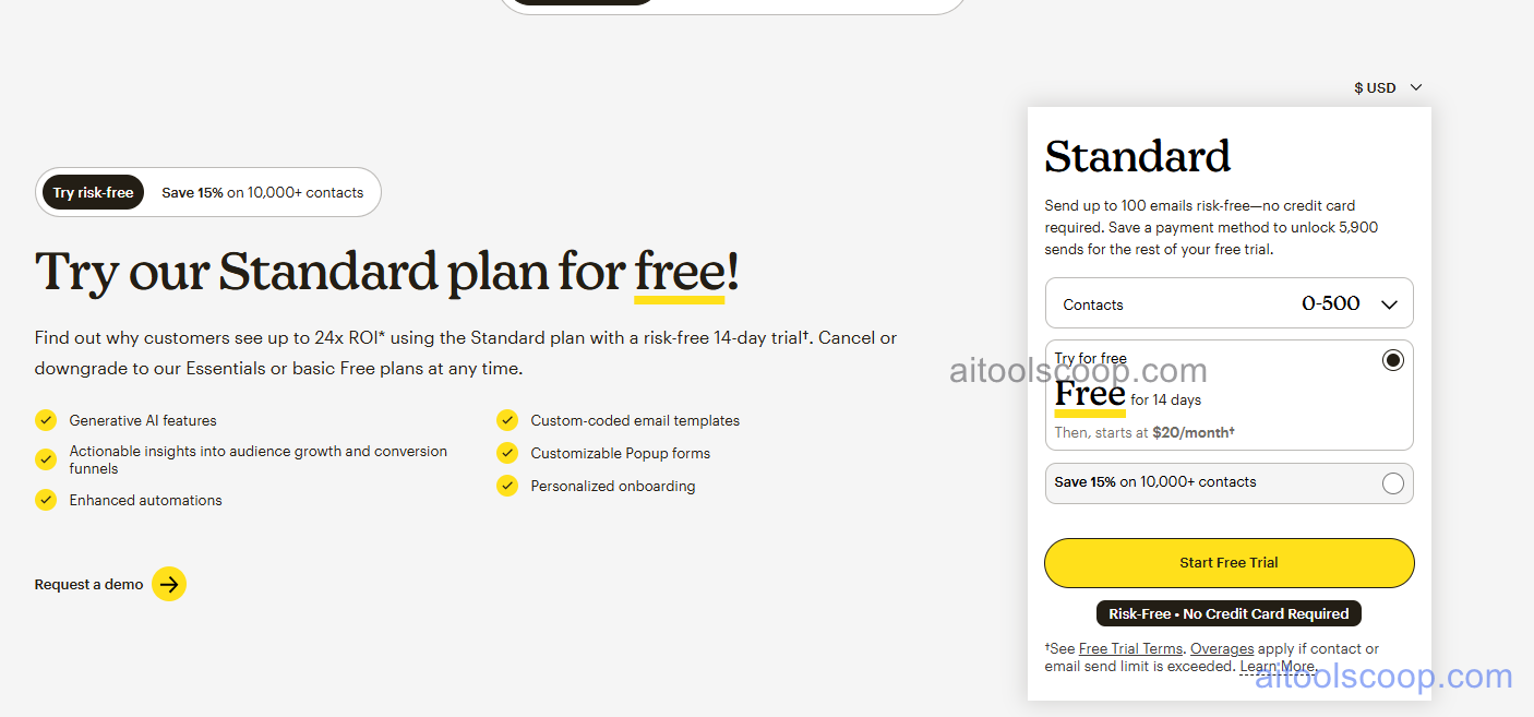 Mailchimp pricing 2026 — Free plan available, Standard plan from $20/month with 14-day free trial