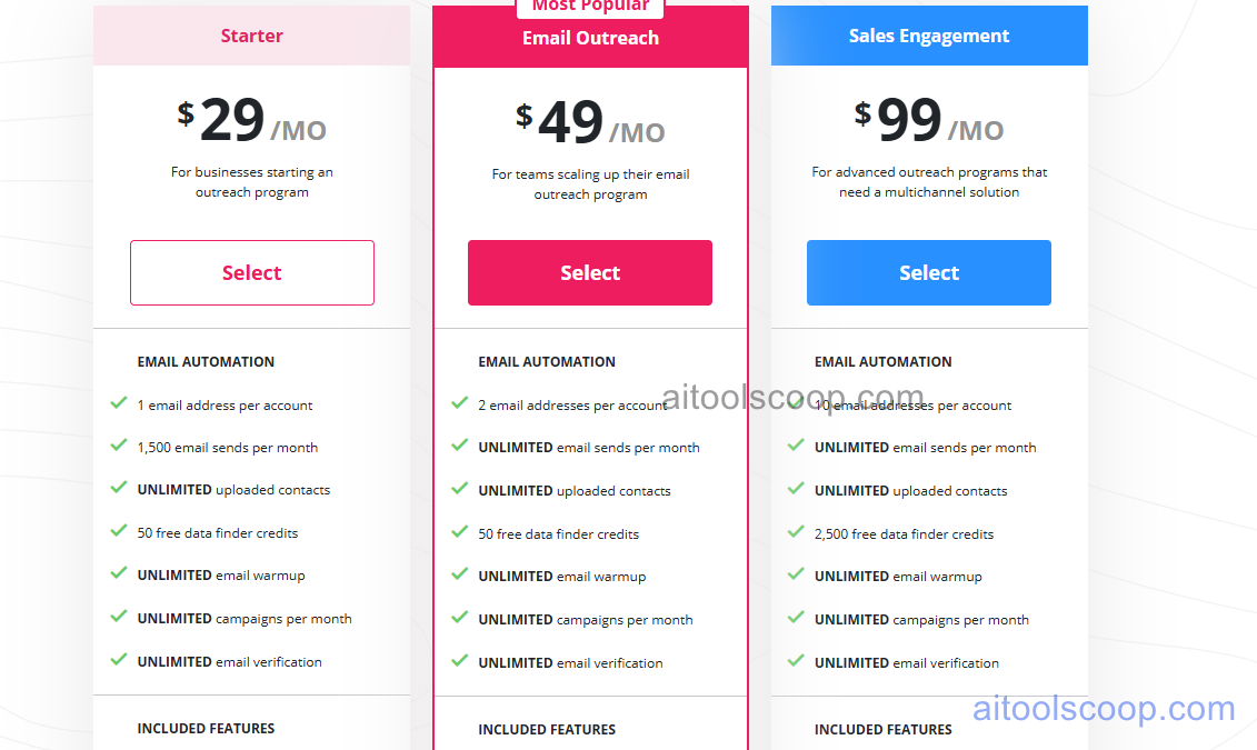 Mailshake pricing plans 2026 — Starter $29/mo, Email Outreach $49/mo, Sales Engagement $99/mo monthly