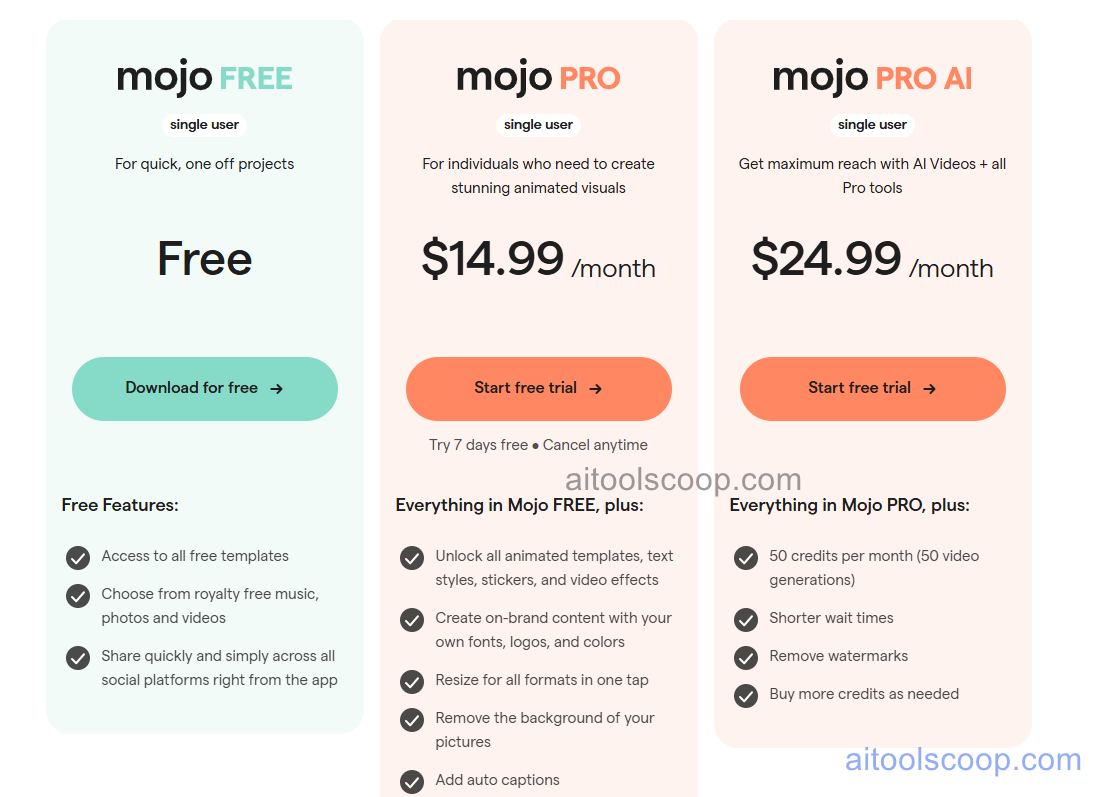 Mojo App pricing plans 2026 — Free, Pro $14.99/month, Premium $24.99/month
