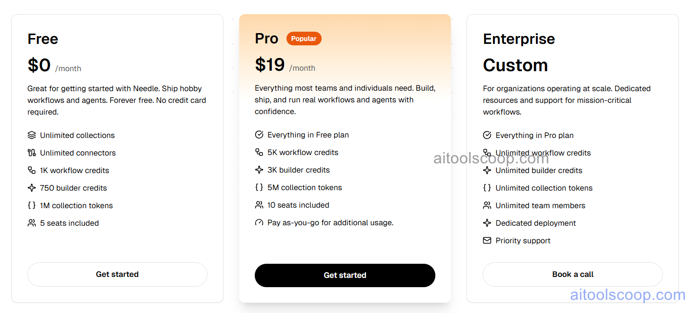 Needle AI Pricing: Starter, Pro, and Enterprise tiers for document retrieval and analysis