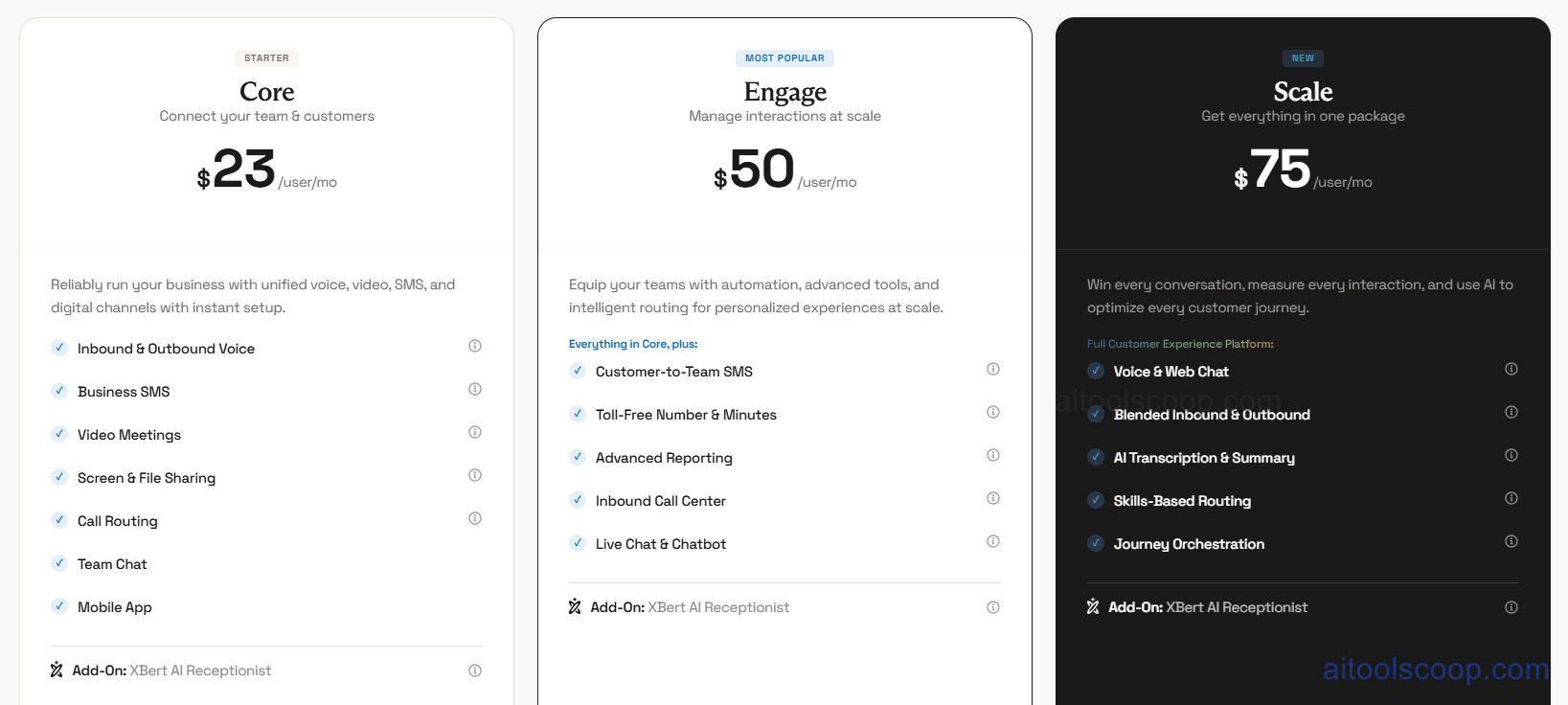 Nextiva pricing plans 2026 — Core $23/mo, Engage $50/mo, Power Suite $75/mo